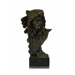 Signed Barye Native American Chief In Bear Headdress Bronze Sculpture on marble base
