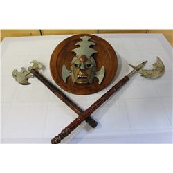 TWO DECORATIVE AXES AND MASK