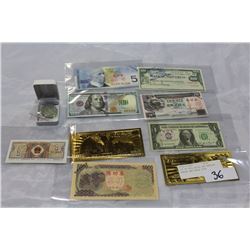 LOT OF FOIL BILLS AND VARIOUS MONIES AND RUBLE COIN