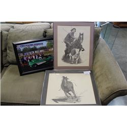 TWO PRINTS OF DRAWINGS AND NASCAR PRINT