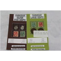 CANADIAN FIVE CENT AND LARGE CENT COIN AND STAMPS SET