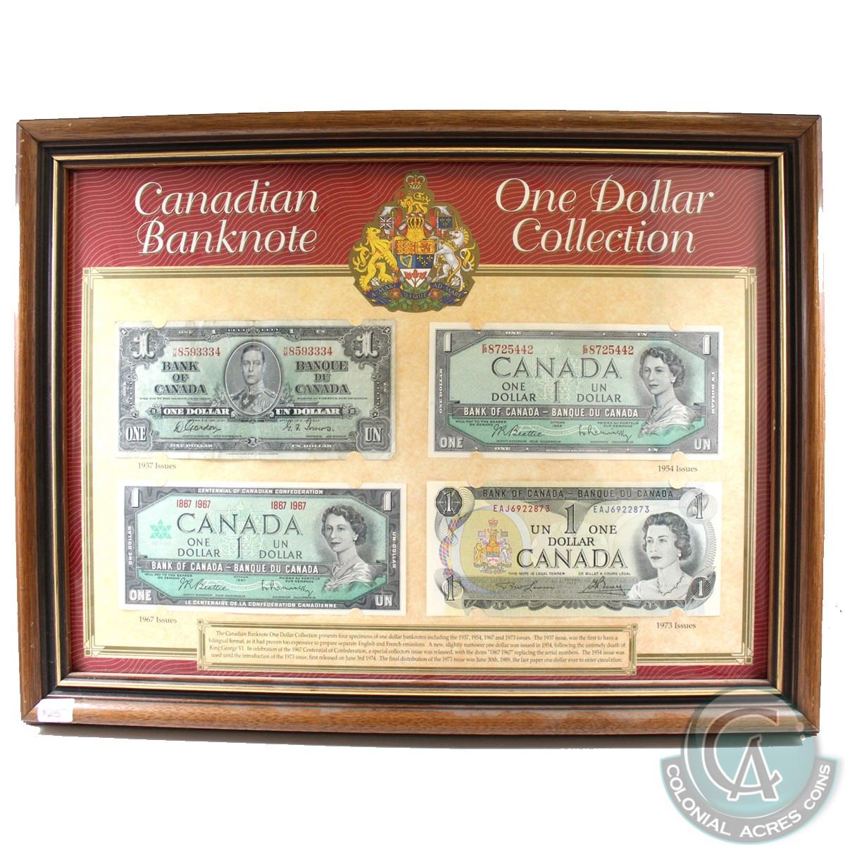 Canadian One Dollar Banknote Collection in Wooden Frame. This set ...