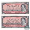 Image 1 : Pair of 1954 $2.00 notes with changeover prefix A/R , Beattie-Rasminsky signatures with consecutive 