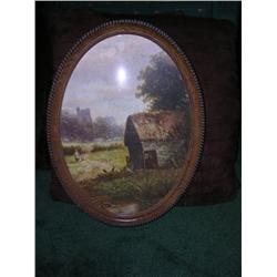 Oval English farm scene .