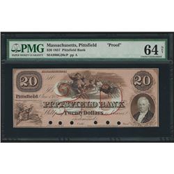 1857 $20 Pittsfield, MA Pittsfield Bank Proof Obsolete Bank Note PMG CU64 Net