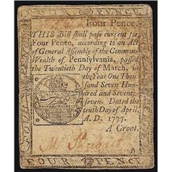 April 10, 1777 Four Pence Pennsylvania Colonial Currency Note