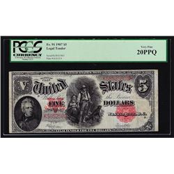 1907 $5 Woodchopper Legal Tender Note PCGS VF 20PPQ