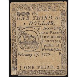 February 17, 1776 $1/3 Continental Currency Note