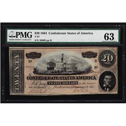 1864 $20 Confederate States of America Note PMG Choice Uncirculated 63