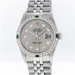 Rolex Mens Stainless Steel Emerald and Diamond Datejust Wristwatch