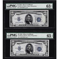 Lot of (2) 1934 $5 Silver Certificate Notes PMG 63EPQ & 65EPQ