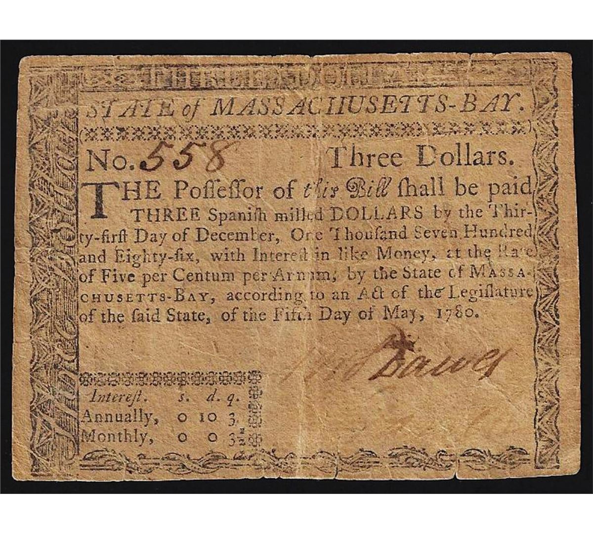 Colonial Script May 5, 1780 $3 Massachusetts Colonial Currency Note