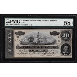 1864 $20 Confederate States of America Note PMG Choice About Uncirculated 58EPQ