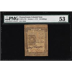 October 1, 1773 Fifty Shillings Pennsylvania Colonial Note PMG AU53