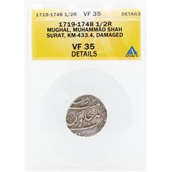 1719-1748 1/2 Rupee Mughal Muhammad Shah Surat Damaged Coin ANACS VF35 Details