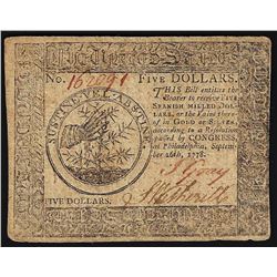 September 26, 1778 $5 Philadelphia Colonial Currency Note