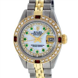 Rolex Ladies Two Tone Ruby, Emerald and Diamond Datejust Wristwatch
