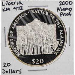 2000 $20 Liberia KM 472 Alamo Proof Silver Coin