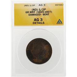 1825-1827 1/2 Penny Damaged Bent Coin ANACS AG 3 Details