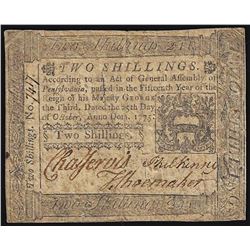 October 25, 1775 Two Shillings Pennsylvania Colonial Currency Note