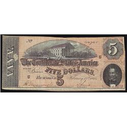 1864 $5 The Confederate States of America Note