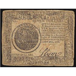 September 26, 1778 $7 Continental Currency Note