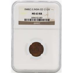 1848(c) East India Co. 1/12 Anna Coin NGC MS63RB