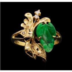 14KT Yellow Gold 0.10ctw Diamond and Carved Jade Ring