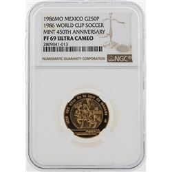1986MO Mexico $250 Peso World Cup Soccor Gold Coin NGC PF69