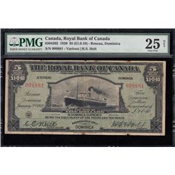 The Royal Bank of Canada, $5, 1920, Issued for Roseau, Dominica, Rare Large Size