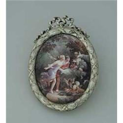 OVAL ENAMEL PLAQUE IN SILVER FRAME