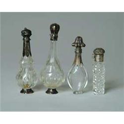 FOUR GLASS & SILVER SCENT BOTTLES