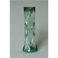 GREEN TO CLEAR CUT GLASS VASE