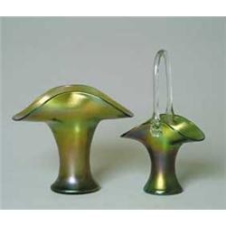 TWO IRIDESCENT GREEN GLASS VASES
