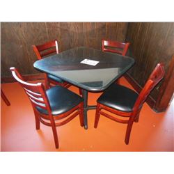 (1) 30"x30"x30" square table with glass top and (4) wooden chairs