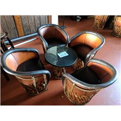 (1) 24"x22" round table with glass top and (4) woven bottom chairs