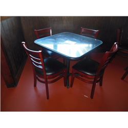 (1) 36"x36"x30" square table with glass top and (4) wooden chairs