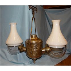 Saloon hanging lamp, 2 globes, from Lewistown, MT, 23" w x 21" h,