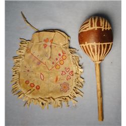 Southwestern Indian dance rattle, possibly Hopi; and beaded bag