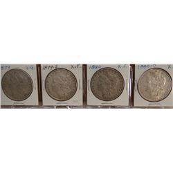 4 Morgan Dollars, 1879-P, V. G.; 1879-S, X. F.; 1889-P, X. F.; 1880-O, X. F.
