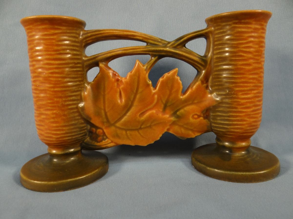 Roseville Bushberry double bud vase, 158, 4.5" h