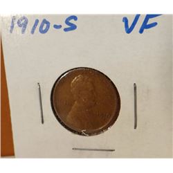 Lincoln Penny, 1910-S, V.F.