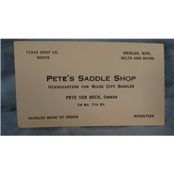 Hamley brass saddle tag and Pete Verbeck, Saddle Maker business card, Miles City, MT