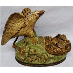 J & E Stevens Eagle and Eagletts vintage mechanical bank,  ptd. 1883, 6 h x 8 w, working