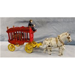 Kenton toy Overland Circus Carriage, cast iron, 2  horses, polar bear & driver, nice