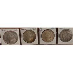 4 Morgan Dollars, 1900-P, A.U.; 1900-O, A.U.; 1901-O, X.F., 1901-S, V.G.