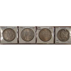 4 Morgan Dollars, 1902-P, V.F.; 1902-O, M.S. 60; 1903-P, A.U.; 1904-P, V.F.
