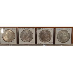 4 Morgan Dollars, 1883-O, A.U.; 1885-P, X.F.; 1887-P, X.F.; 1889-P  X.F.