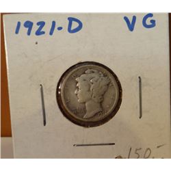 1921-D Mercury Dime, V. G.