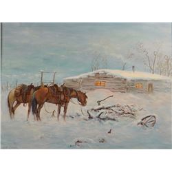 C. R.  Cheek, original oil on board, Winter Line Camp,18" h x 24" w